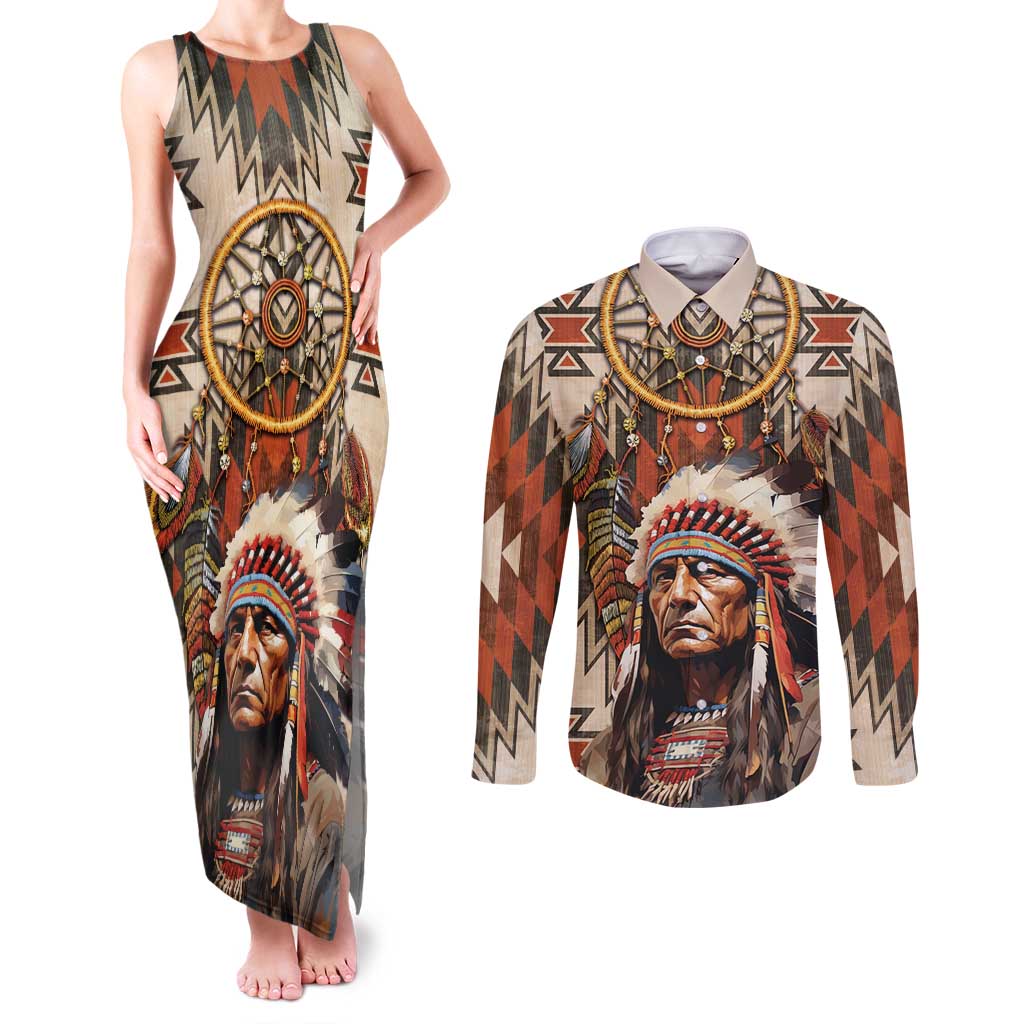 Native American Man Couples Matching Tank Maxi Dress and Long Sleeve Button Shirt Feather Headdress With Dream Catcher