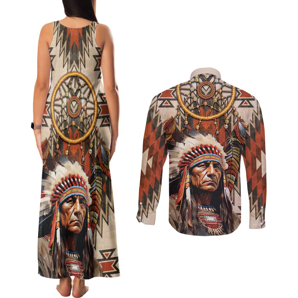 Native American Man Couples Matching Tank Maxi Dress and Long Sleeve Button Shirt Feather Headdress With Dream Catcher