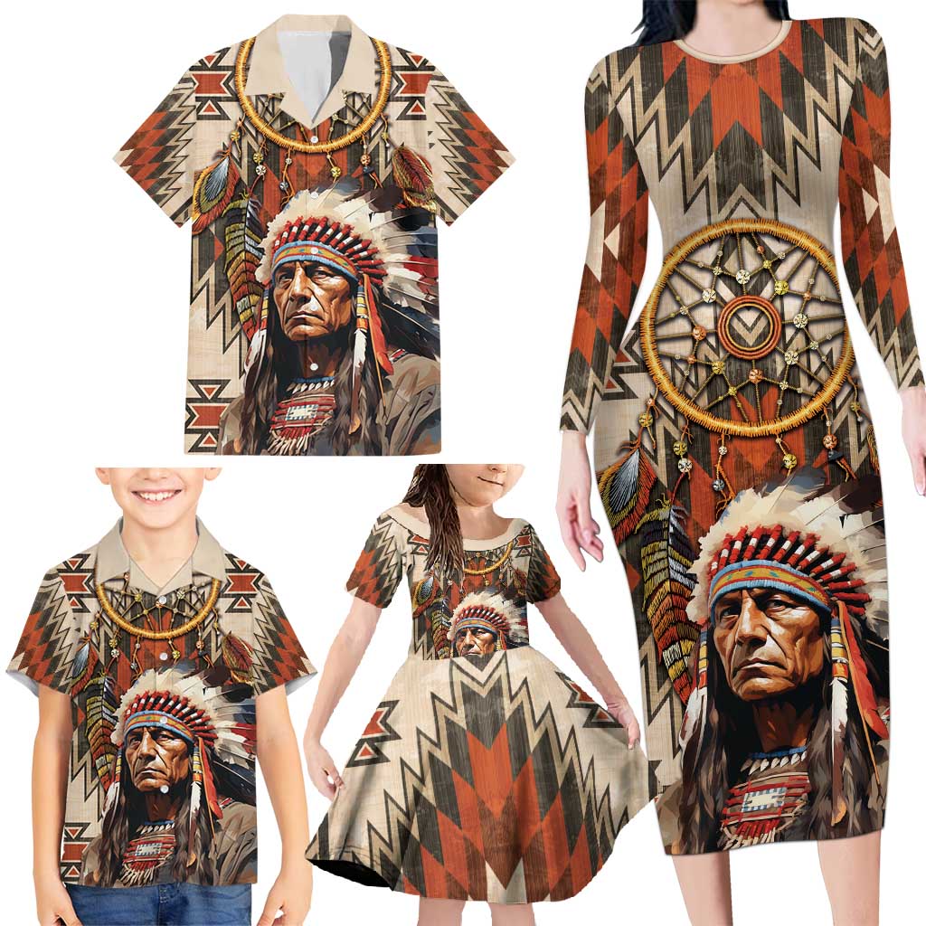 Native American Man Family Matching Long Sleeve Bodycon Dress and Hawaiian Shirt Feather Headdress With Dream Catcher