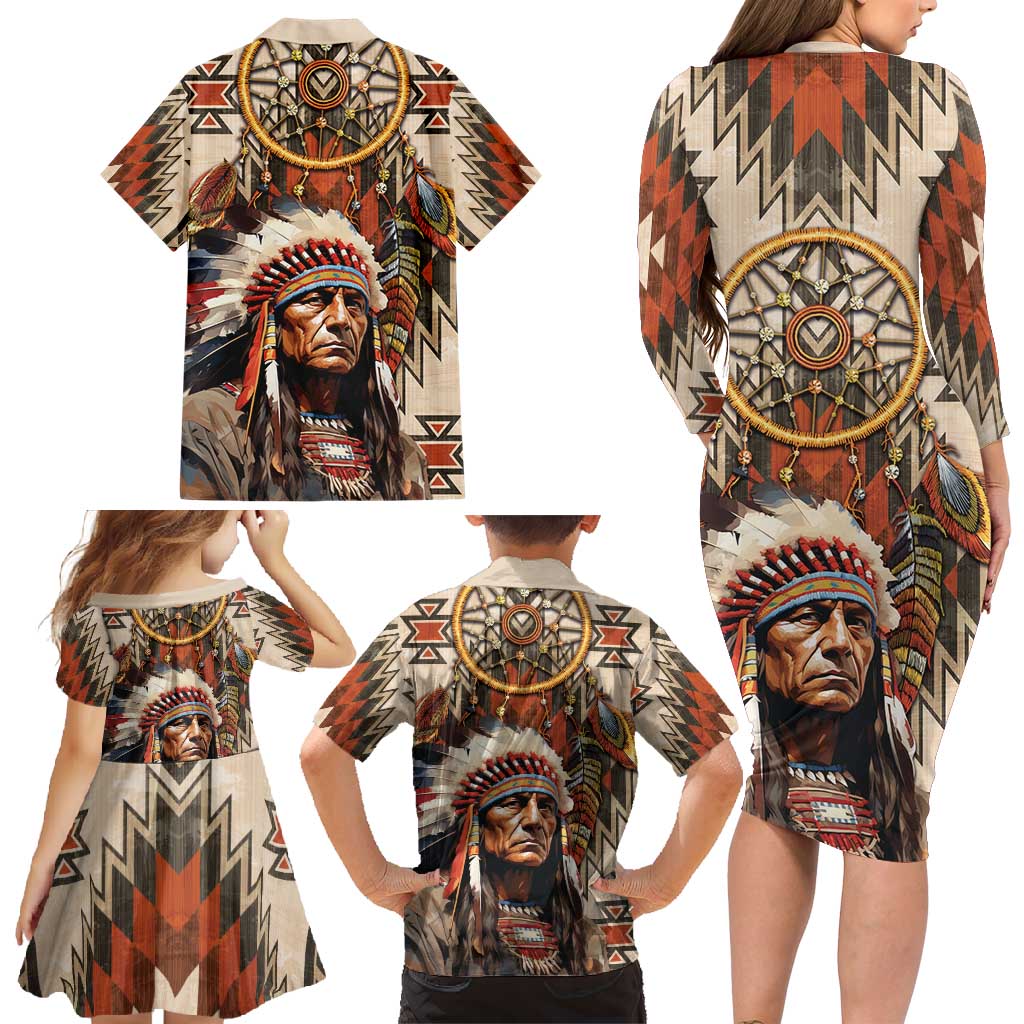 Native American Man Family Matching Long Sleeve Bodycon Dress and Hawaiian Shirt Feather Headdress With Dream Catcher