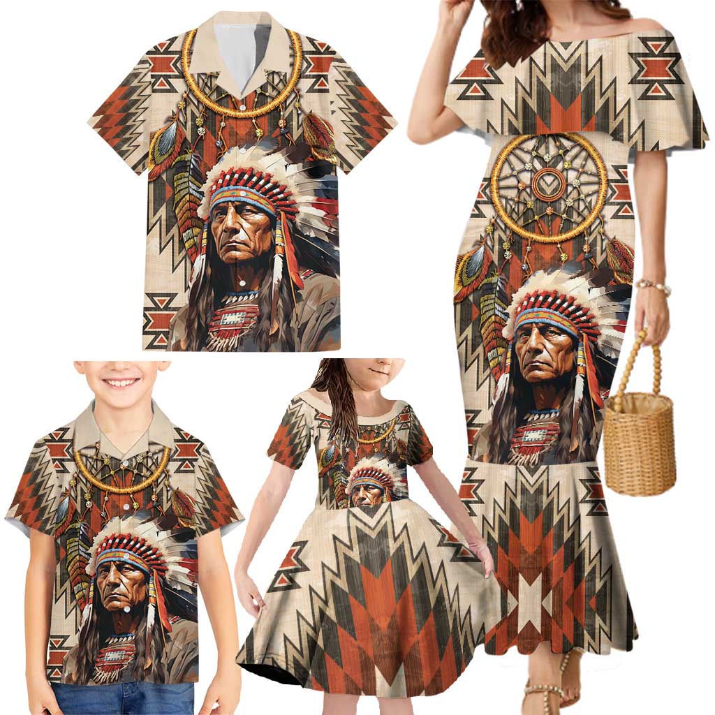 Native American Man Family Matching Mermaid Dress and Hawaiian Shirt Feather Headdress With Dream Catcher