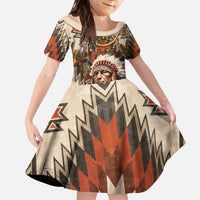 Native American Man Family Matching Off The Shoulder Long Sleeve Dress and Hawaiian Shirt Feather Headdress With Dream Catcher