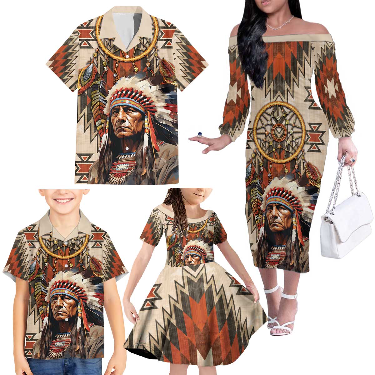 Native American Man Family Matching Off The Shoulder Long Sleeve Dress and Hawaiian Shirt Feather Headdress With Dream Catcher