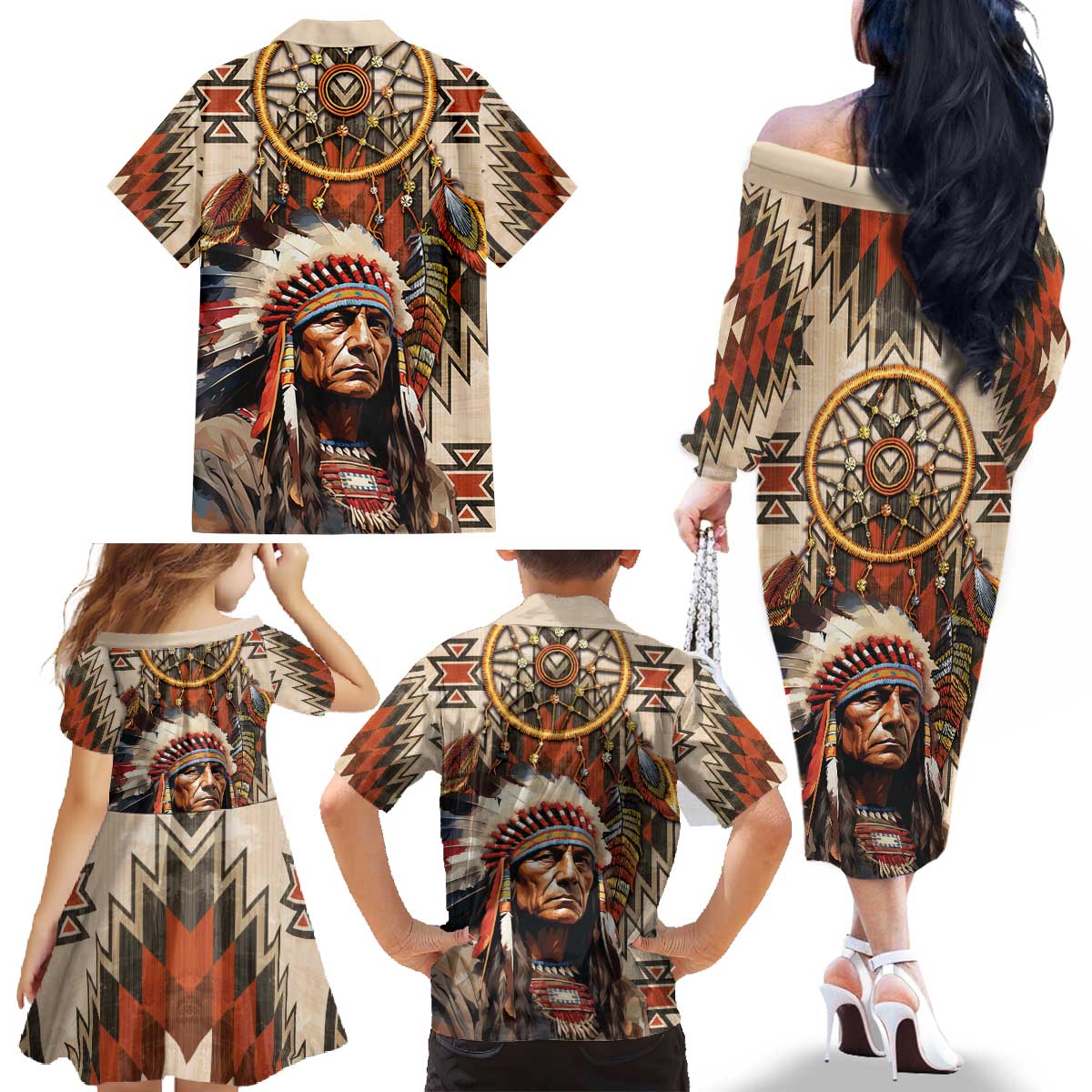 Native American Man Family Matching Off The Shoulder Long Sleeve Dress and Hawaiian Shirt Feather Headdress With Dream Catcher