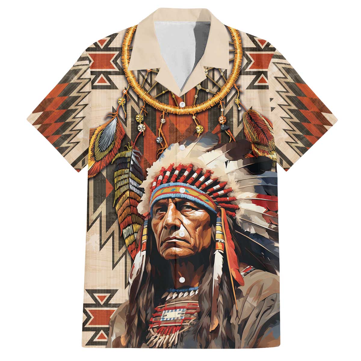 Native American Man Family Matching Off The Shoulder Long Sleeve Dress and Hawaiian Shirt Feather Headdress With Dream Catcher