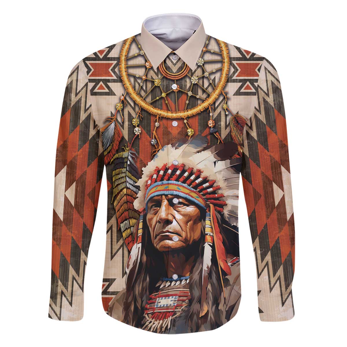 Native American Man Family Matching Off The Shoulder Long Sleeve Dress and Hawaiian Shirt Feather Headdress With Dream Catcher