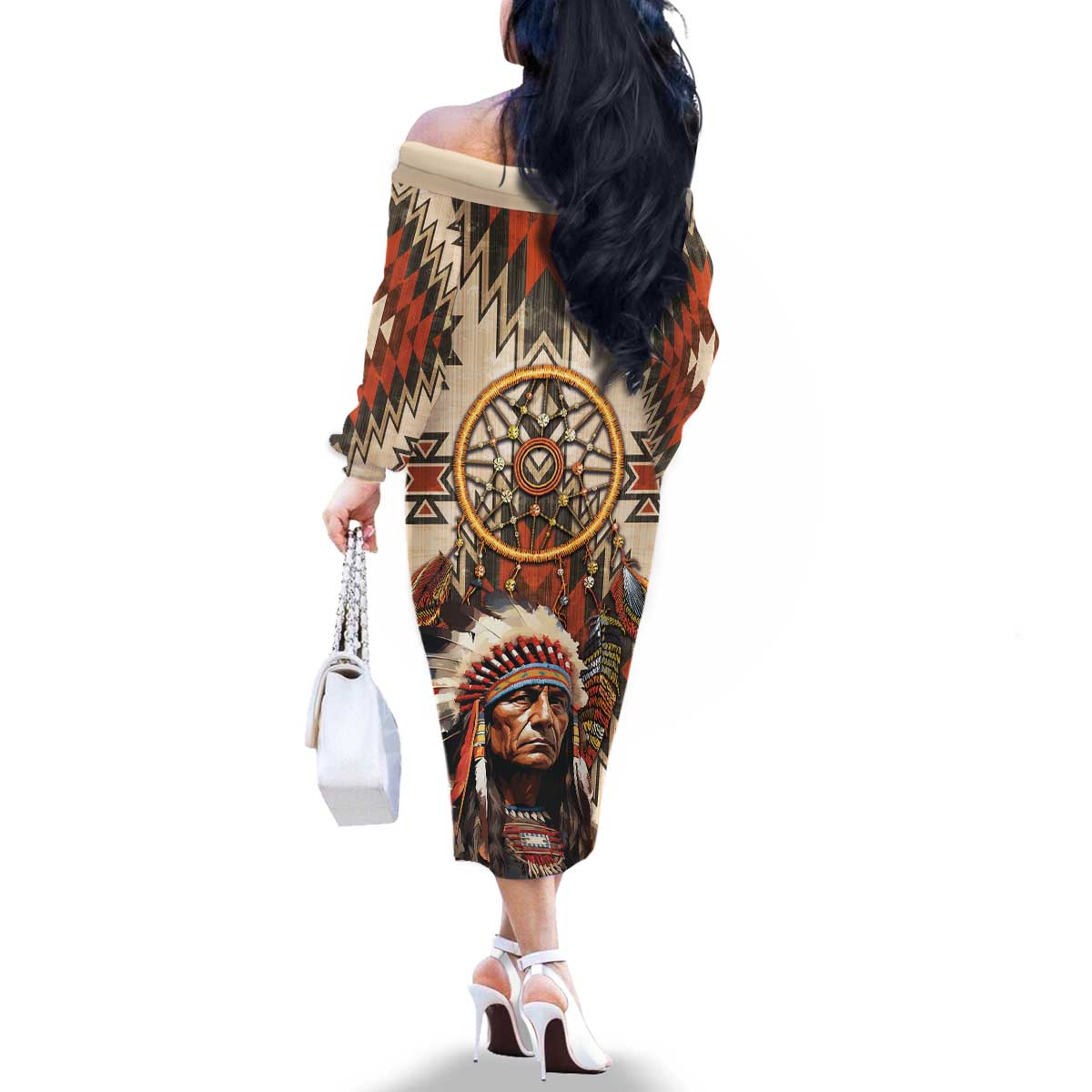 Native American Man Family Matching Off The Shoulder Long Sleeve Dress and Hawaiian Shirt Feather Headdress With Dream Catcher