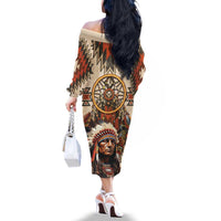 Native American Man Family Matching Off The Shoulder Long Sleeve Dress and Hawaiian Shirt Feather Headdress With Dream Catcher