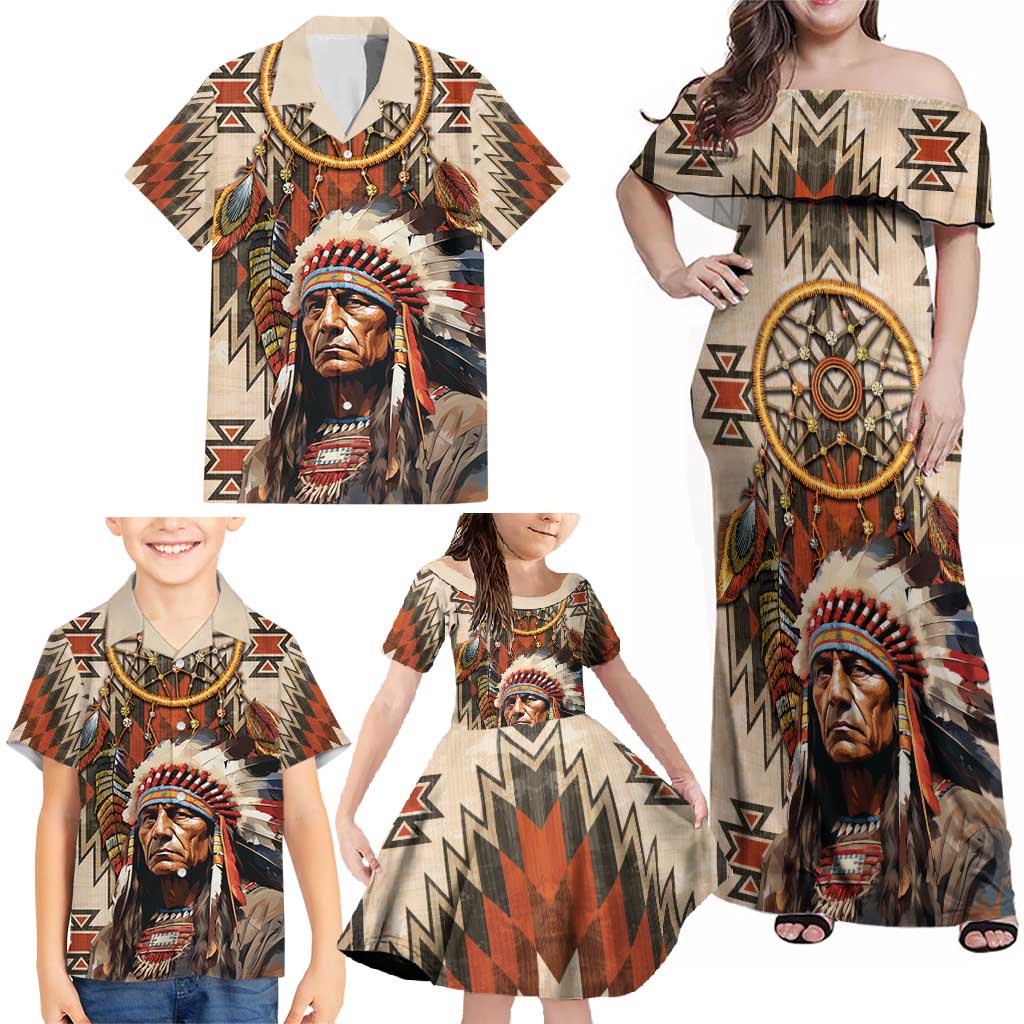 Native American Man Family Matching Off Shoulder Maxi Dress and Hawaiian Shirt Feather Headdress With Dream Catcher