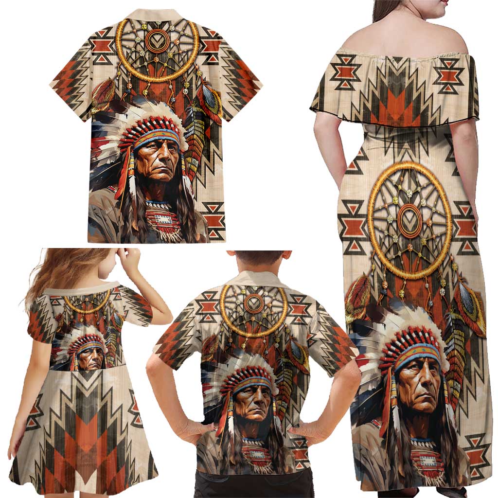 Native American Man Family Matching Off Shoulder Maxi Dress and Hawaiian Shirt Feather Headdress With Dream Catcher