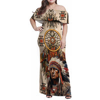 Native American Man Family Matching Off Shoulder Maxi Dress and Hawaiian Shirt Feather Headdress With Dream Catcher