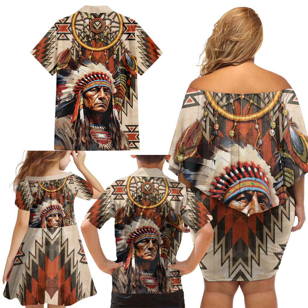 Native American Man Family Matching Off Shoulder Short Dress and Hawaiian Shirt Feather Headdress With Dream Catcher