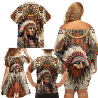 Native American Man Family Matching Off Shoulder Short Dress and Hawaiian Shirt Feather Headdress With Dream Catcher