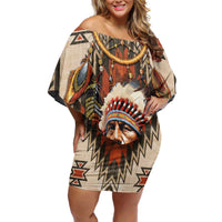 Native American Man Family Matching Off Shoulder Short Dress and Hawaiian Shirt Feather Headdress With Dream Catcher