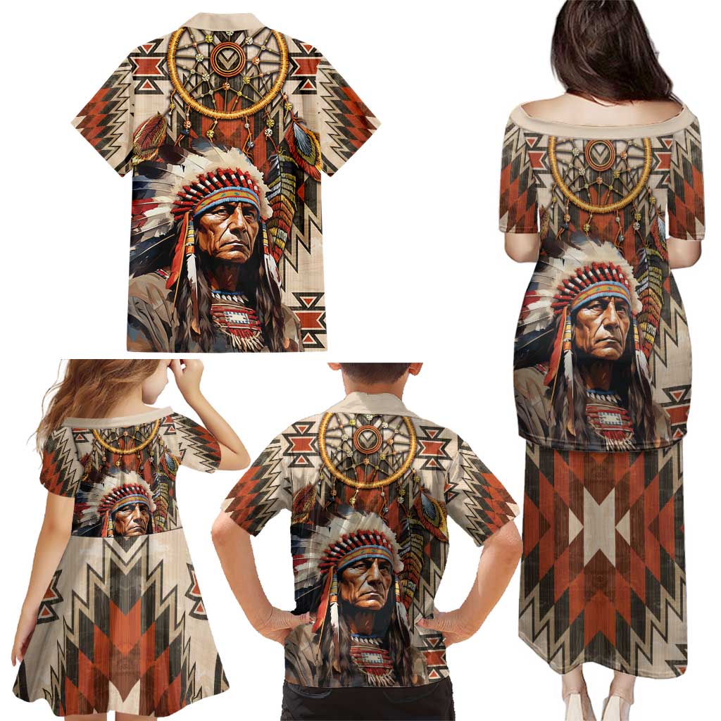 Native American Man Family Matching Puletasi and Hawaiian Shirt Feather Headdress With Dream Catcher