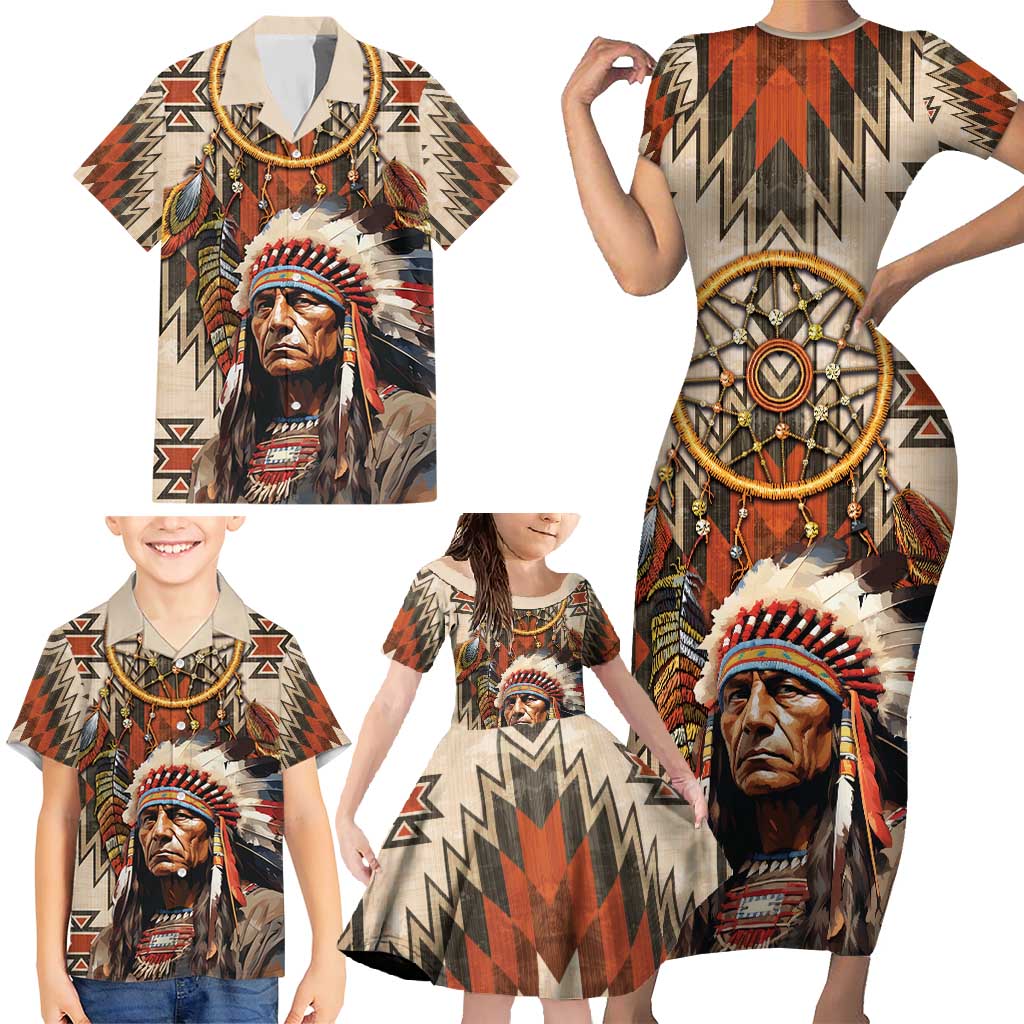 Native American Man Family Matching Short Sleeve Bodycon Dress and Hawaiian Shirt Feather Headdress With Dream Catcher