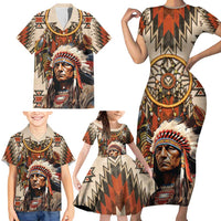 Native American Man Family Matching Short Sleeve Bodycon Dress and Hawaiian Shirt Feather Headdress With Dream Catcher