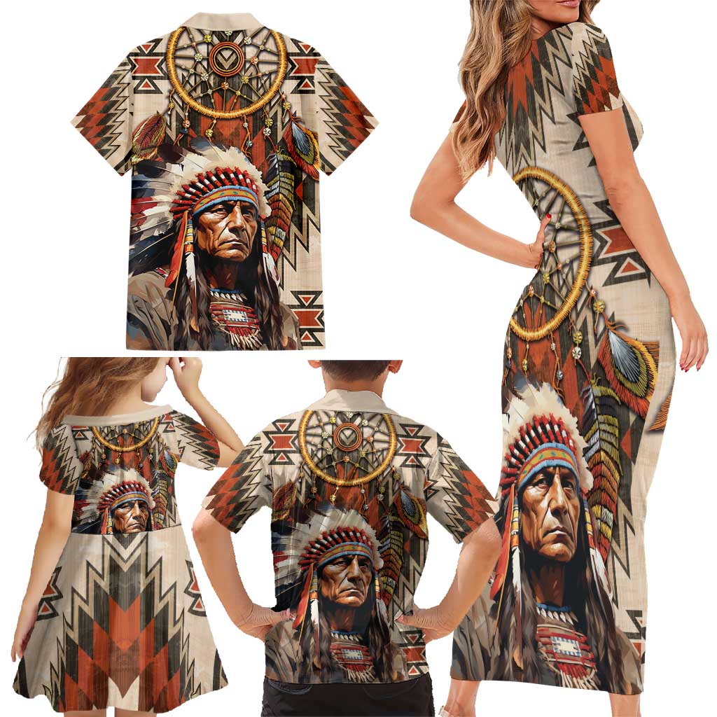 Native American Man Family Matching Short Sleeve Bodycon Dress and Hawaiian Shirt Feather Headdress With Dream Catcher