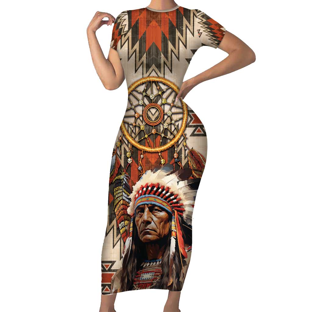 Native American Man Family Matching Short Sleeve Bodycon Dress and Hawaiian Shirt Feather Headdress With Dream Catcher