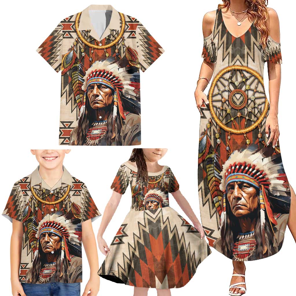 Native American Man Family Matching Summer Maxi Dress and Hawaiian Shirt Feather Headdress With Dream Catcher