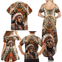 Native American Man Family Matching Summer Maxi Dress and Hawaiian Shirt Feather Headdress With Dream Catcher
