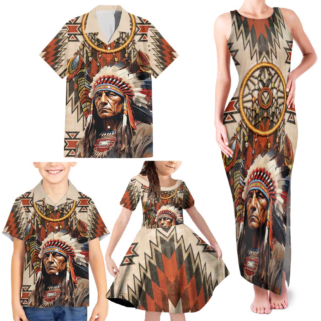 Native American Man Family Matching Tank Maxi Dress and Hawaiian Shirt Feather Headdress With Dream Catcher