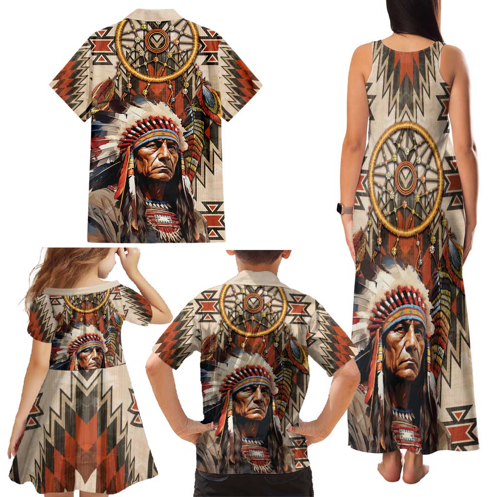 Native American Man Family Matching Tank Maxi Dress and Hawaiian Shirt Feather Headdress With Dream Catcher
