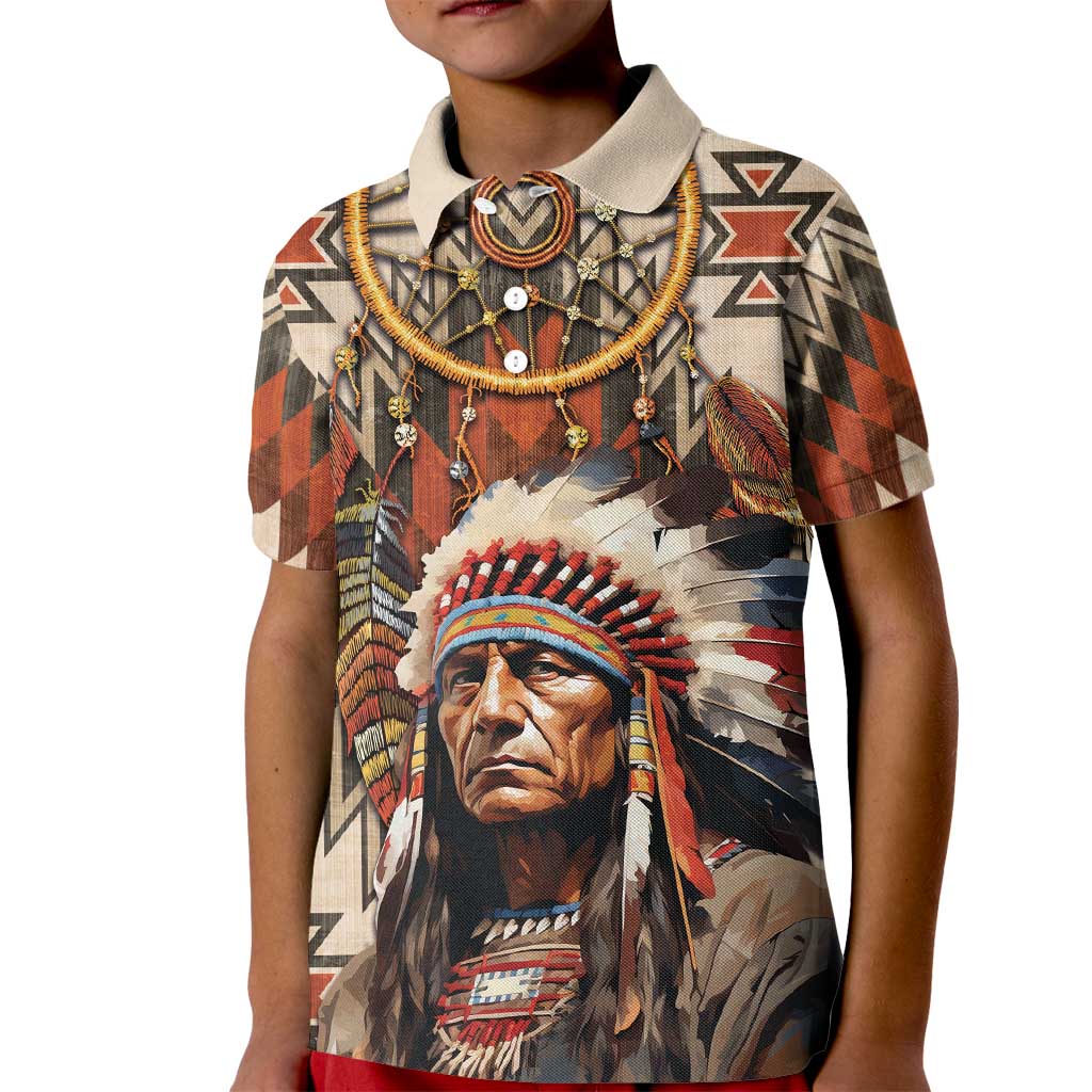 Native American Man Kid Polo Shirt Feather Headdress With Dream Catcher