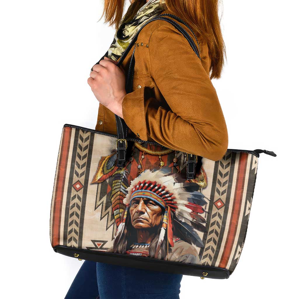 Native American Man Leather Tote Bag Feather Headdress With Dream Catcher