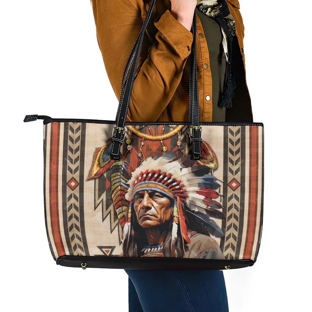 Native American Man Leather Tote Bag Feather Headdress With Dream Catcher
