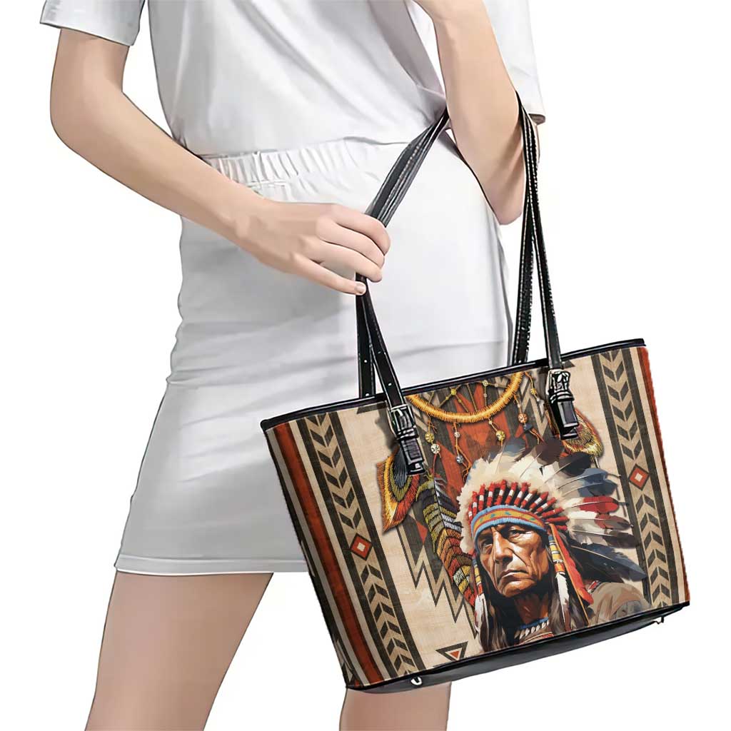 Native American Man Leather Tote Bag Feather Headdress With Dream Catcher