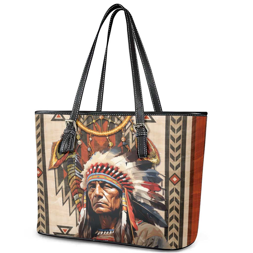 Native American Man Leather Tote Bag Feather Headdress With Dream Catcher