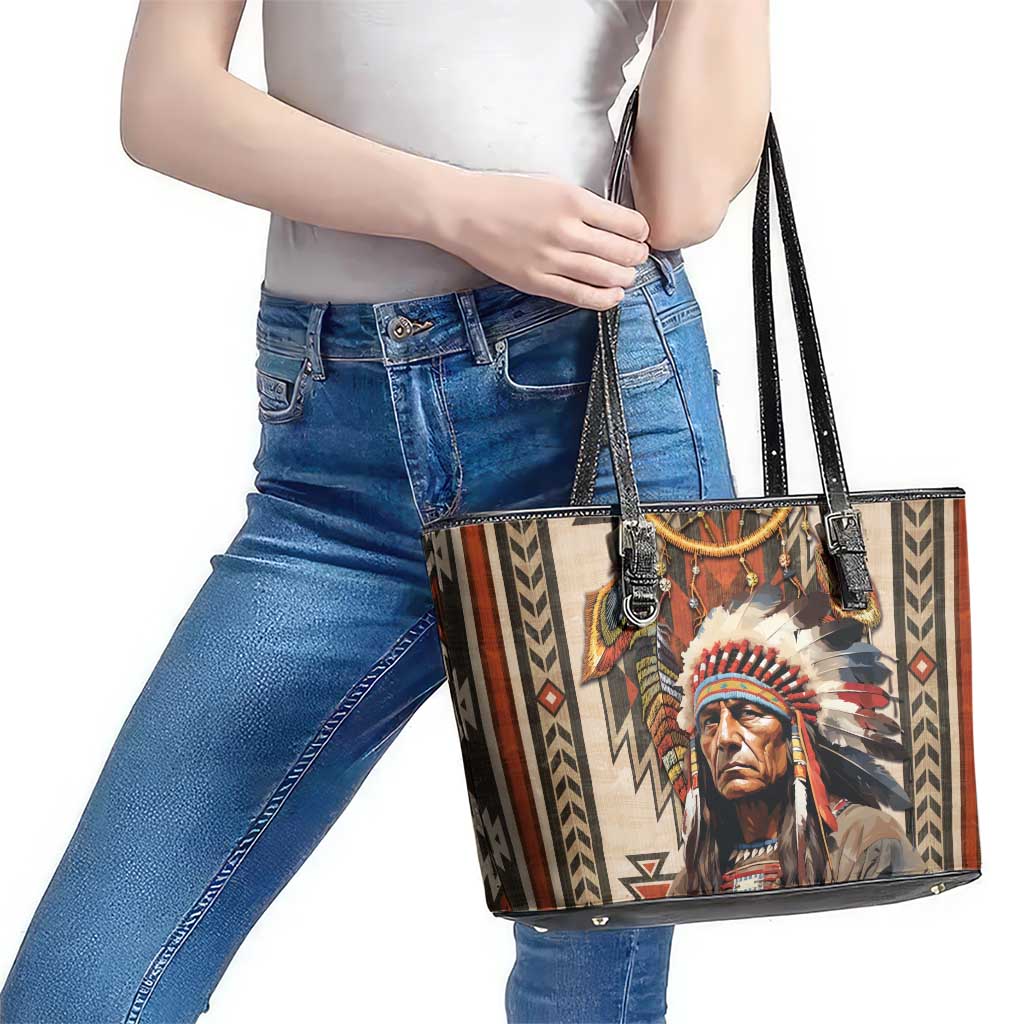 Native American Man Leather Tote Bag Feather Headdress With Dream Catcher