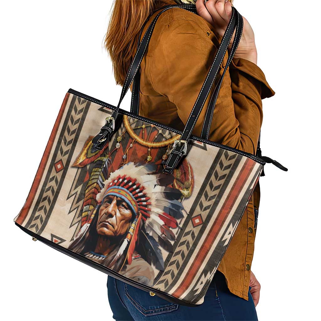 Native American Man Leather Tote Bag Feather Headdress With Dream Catcher