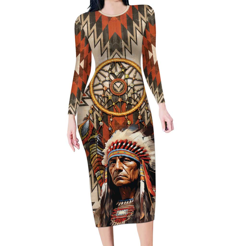 Native American Man Long Sleeve Bodycon Dress Feather Headdress With Dream Catcher