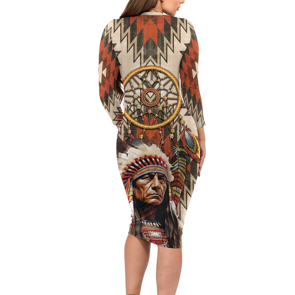 Native American Man Long Sleeve Bodycon Dress Feather Headdress With Dream Catcher