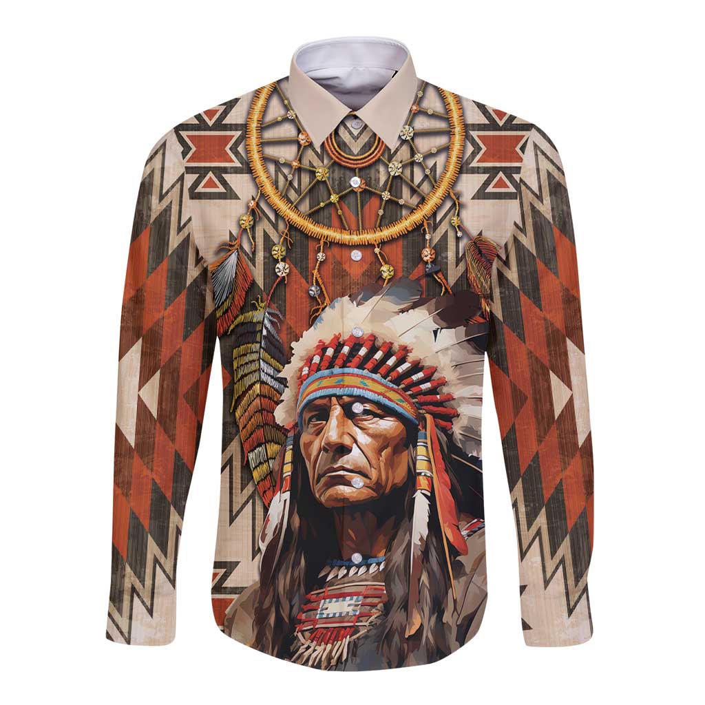 Native American Man Long Sleeve Button Shirt Feather Headdress With Dream Catcher