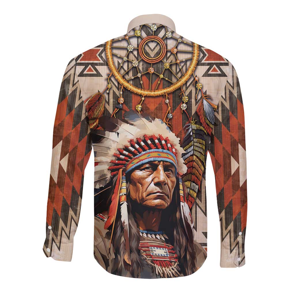 Native American Man Long Sleeve Button Shirt Feather Headdress With Dream Catcher