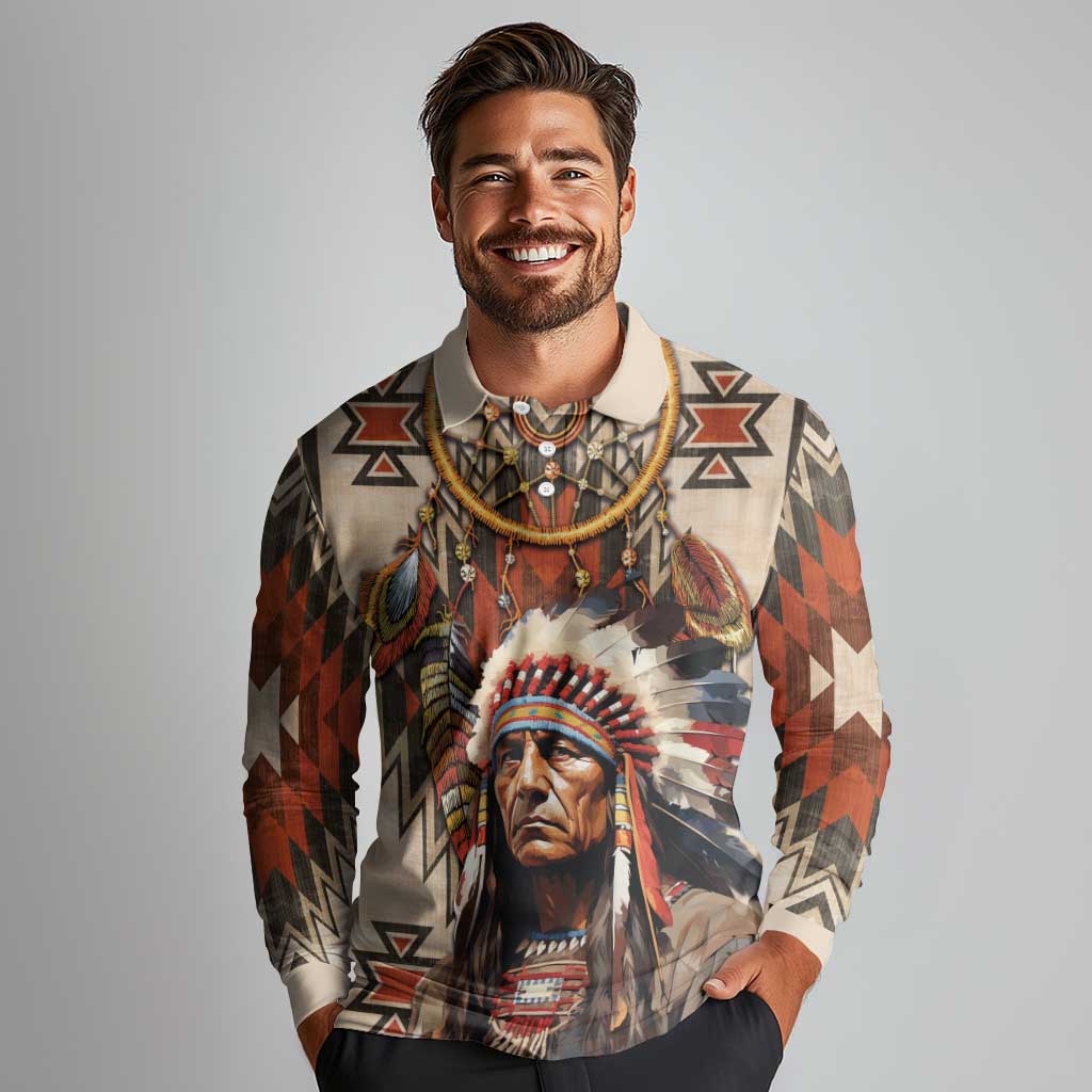 Native American Man Long Sleeve Polo Shirt Feather Headdress With Dream Catcher