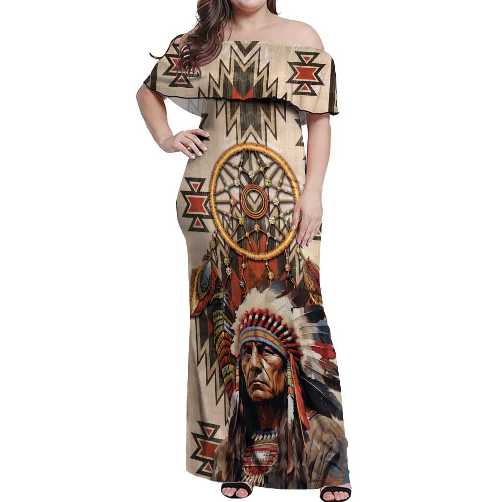 Native American Man Off Shoulder Maxi Dress Feather Headdress With Dream Catcher