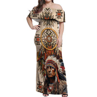 Native American Man Off Shoulder Maxi Dress Feather Headdress With Dream Catcher