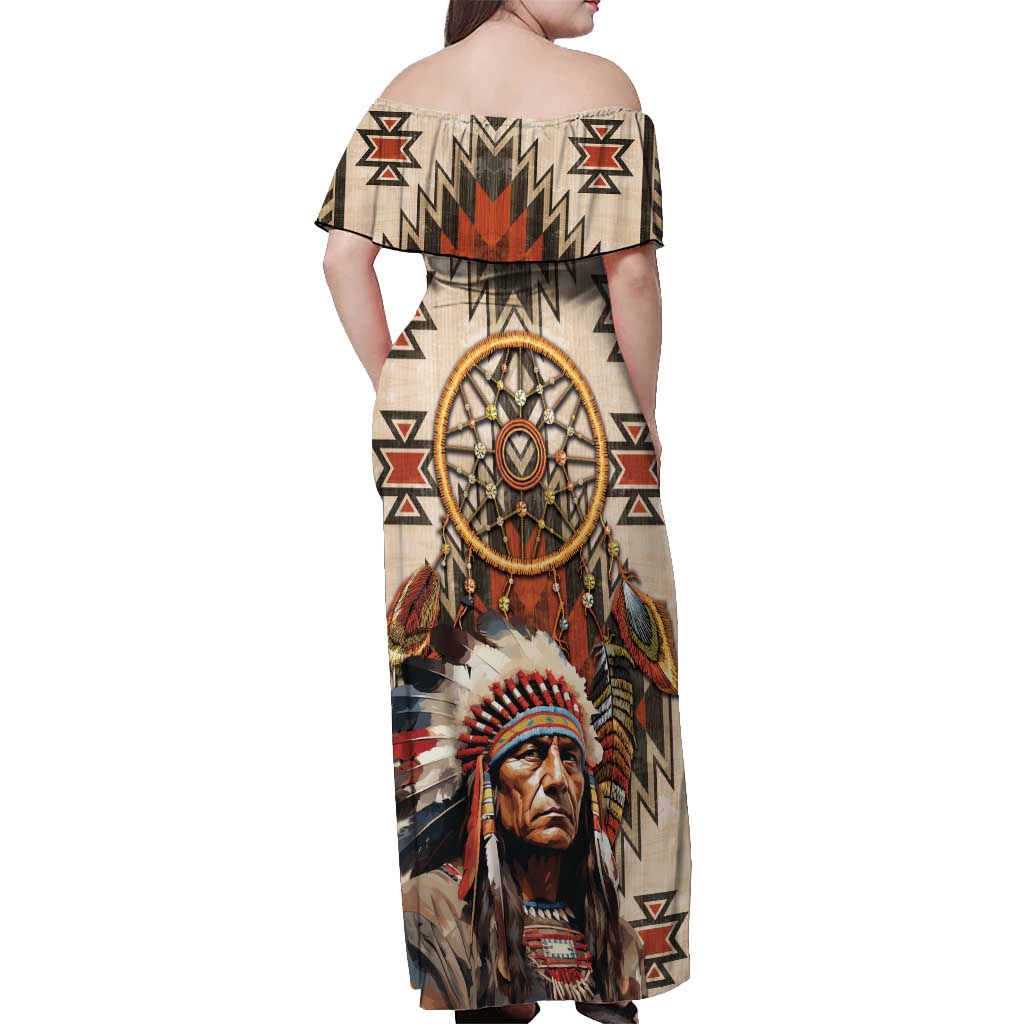 Native American Man Off Shoulder Maxi Dress Feather Headdress With Dream Catcher