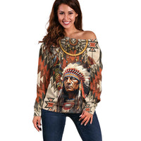 Native American Man Off Shoulder Sweater Feather Headdress With Dream Catcher