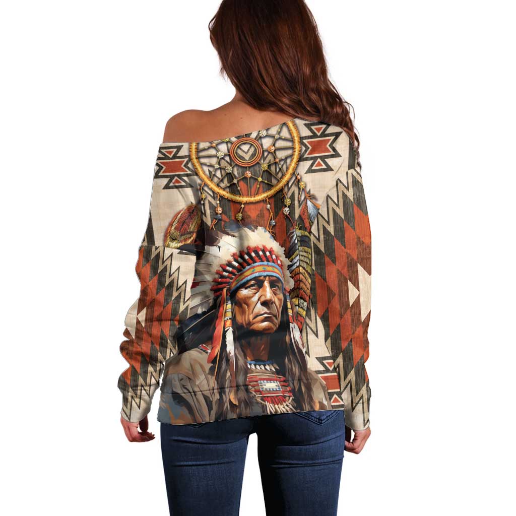 Native American Man Off Shoulder Sweater Feather Headdress With Dream Catcher