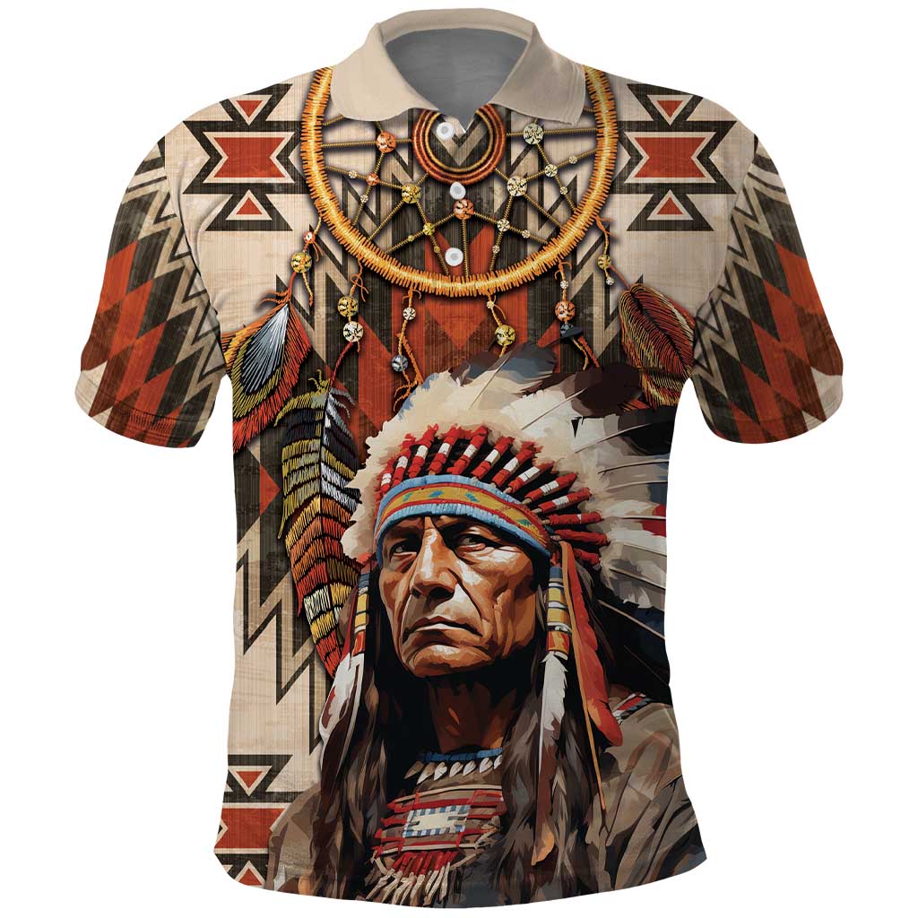 Native American Man Polo Shirt Feather Headdress With Dream Catcher