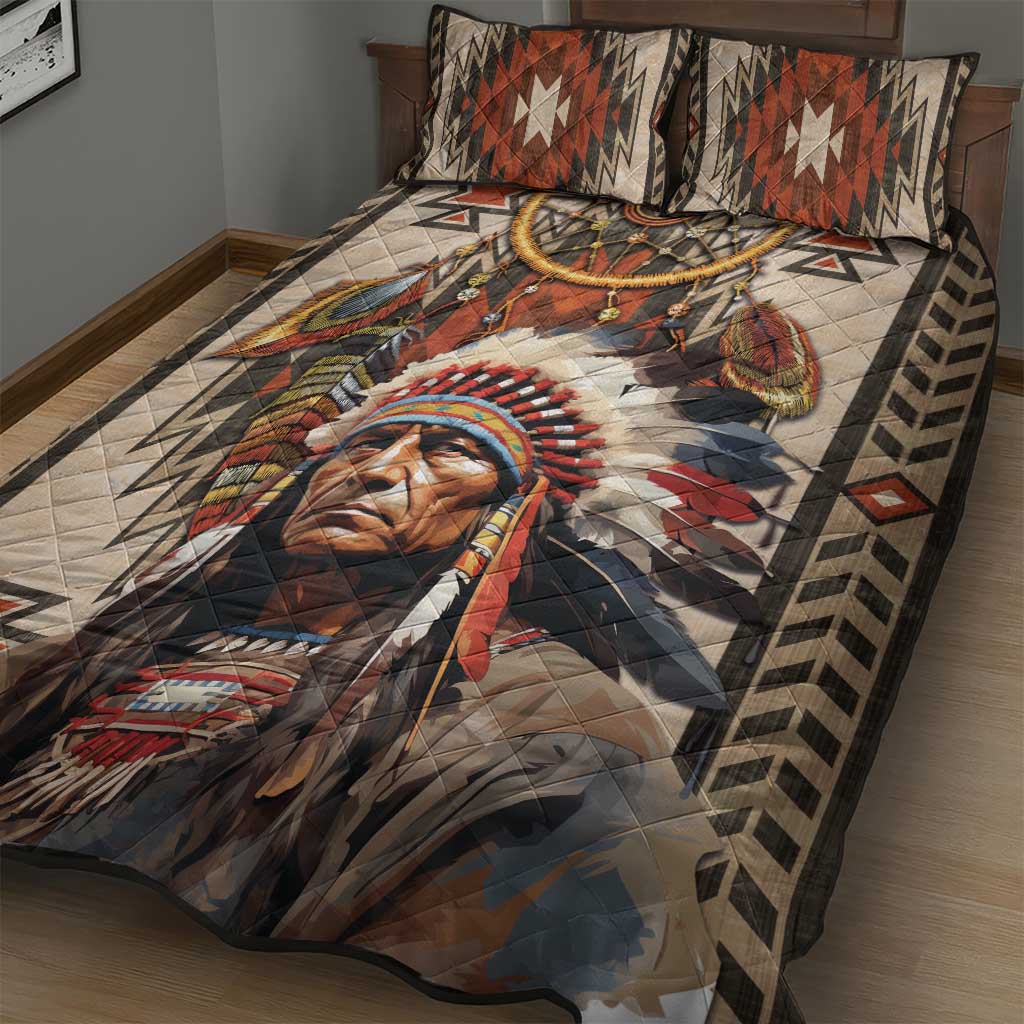 Native American Man Quilt Bed Set Feather Headdress With Dream Catcher