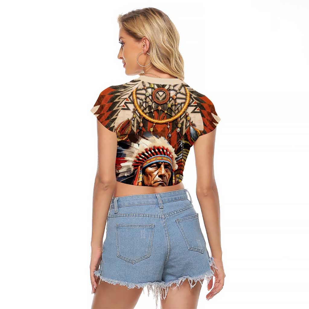 Native American Man Raglan Cropped T Shirt Feather Headdress With Dream Catcher