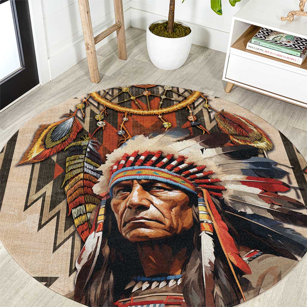 Native American Man Round Carpet Feather Headdress With Dream Catcher