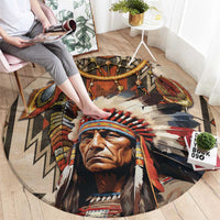 Native American Man Round Carpet Feather Headdress With Dream Catcher