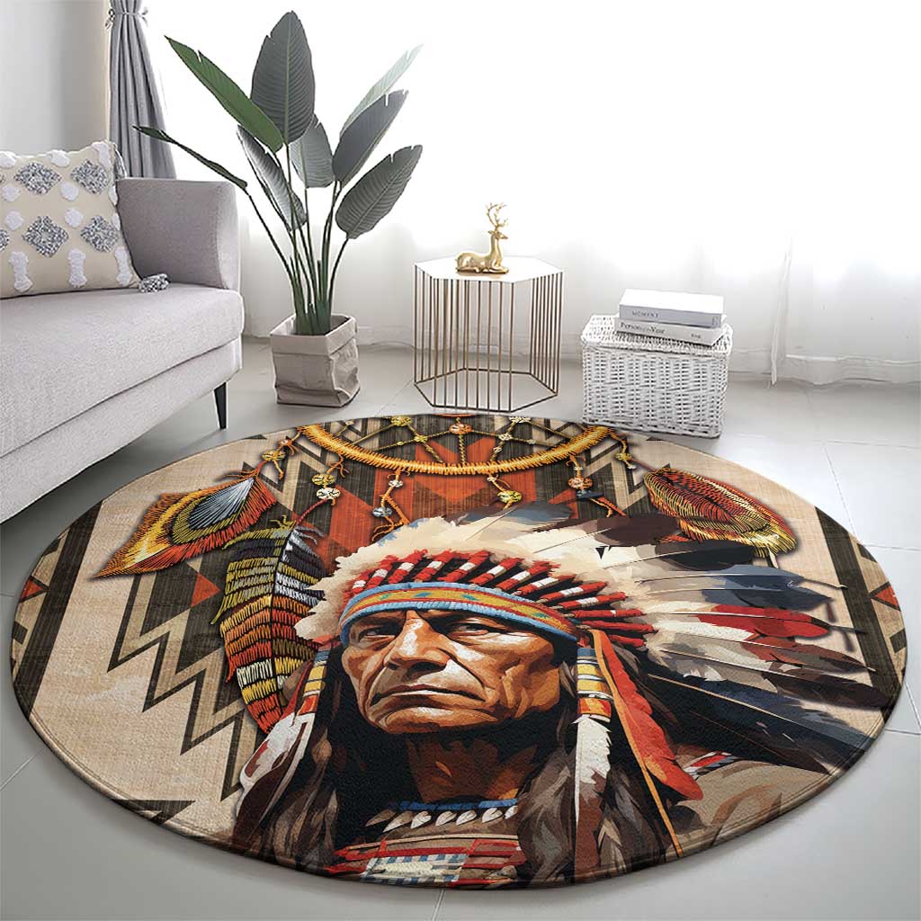 Native American Man Round Carpet Feather Headdress With Dream Catcher